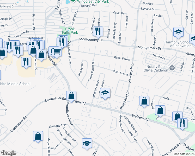 map of restaurants, bars, coffee shops, grocery stores, and more near 7643 Oak Chase in San Antonio