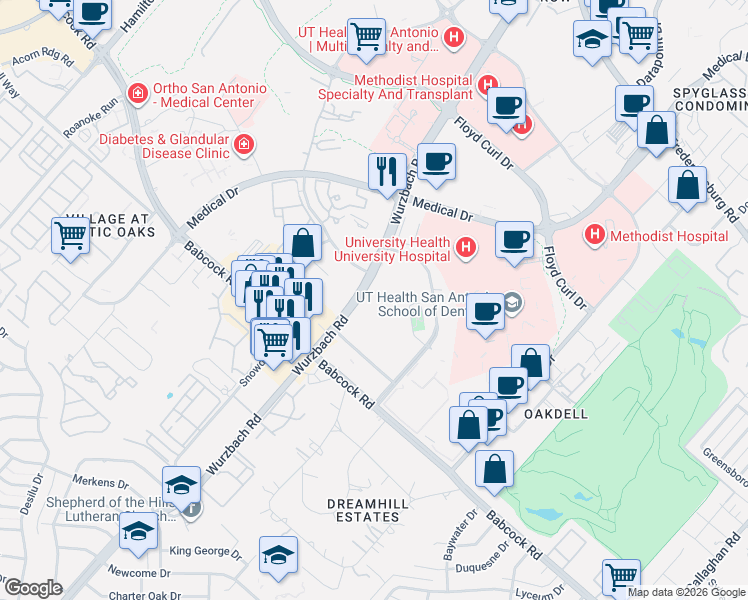 map of restaurants, bars, coffee shops, grocery stores, and more near 7483 Wurzbach Road in San Antonio