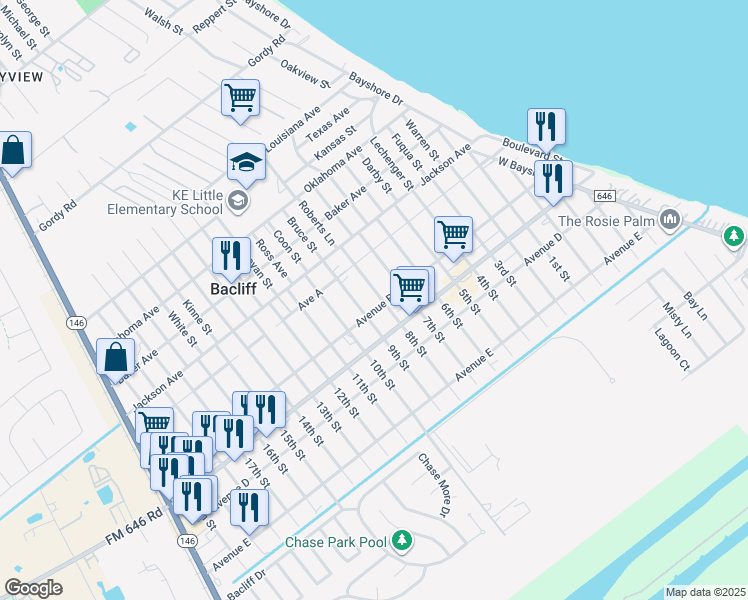 map of restaurants, bars, coffee shops, grocery stores, and more near 4450 8th Street in Bacliff