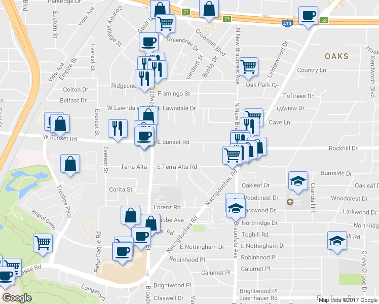 map of restaurants, bars, coffee shops, grocery stores, and more near 7803 Lado Bueno in San Antonio