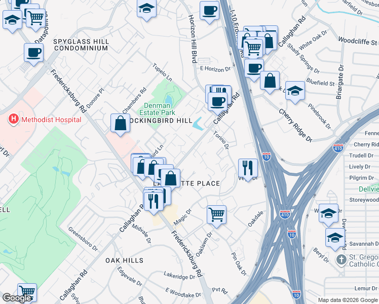 map of restaurants, bars, coffee shops, grocery stores, and more near 7575 Callaghan Road in San Antonio