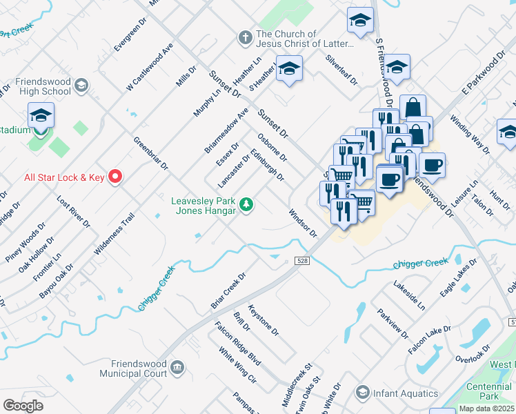 map of restaurants, bars, coffee shops, grocery stores, and more near 1403 Hampton Court in Friendswood