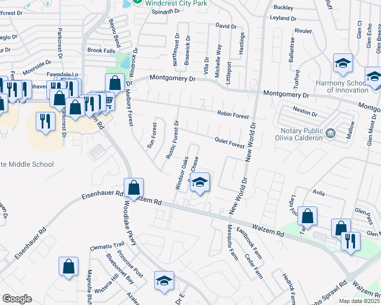 map of restaurants, bars, coffee shops, grocery stores, and more near 7643 Oak Chase in San Antonio