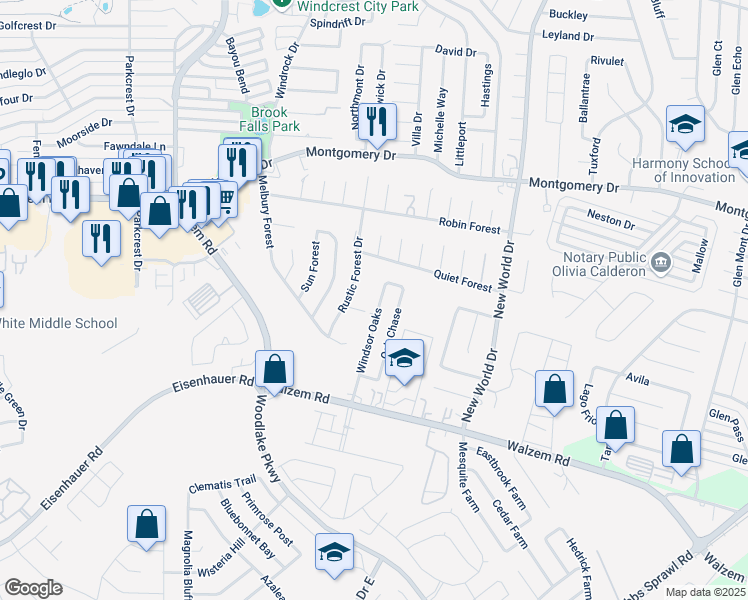 map of restaurants, bars, coffee shops, grocery stores, and more near 7643 Oak Chase in San Antonio
