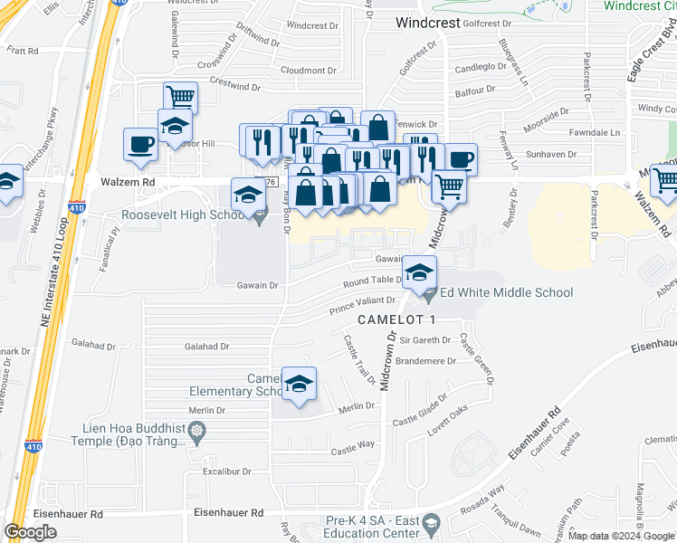 map of restaurants, bars, coffee shops, grocery stores, and more near 5254 Gawain Drive in San Antonio