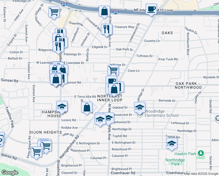 map of restaurants, bars, coffee shops, grocery stores, and more near 1907 Nacogdoches Road in San Antonio