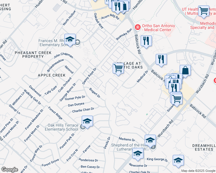 map of restaurants, bars, coffee shops, grocery stores, and more near 5503 Justin Cove in San Antonio