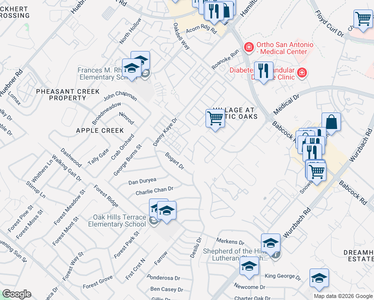 map of restaurants, bars, coffee shops, grocery stores, and more near 5503 Justin Cove in San Antonio