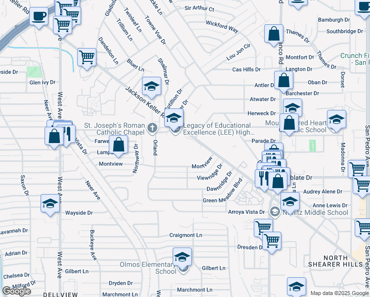 map of restaurants, bars, coffee shops, grocery stores, and more near 1400 Jackson Keller Road in San Antonio