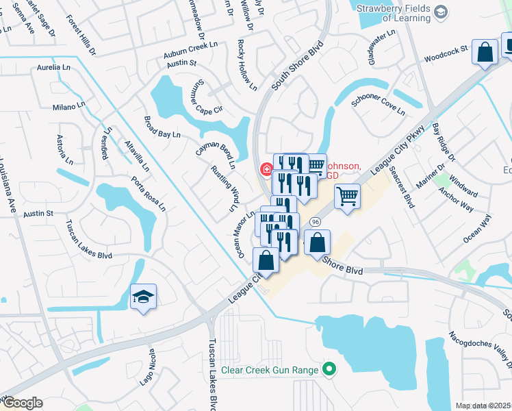 map of restaurants, bars, coffee shops, grocery stores, and more near 1274 Ocean Manor Lane in League City