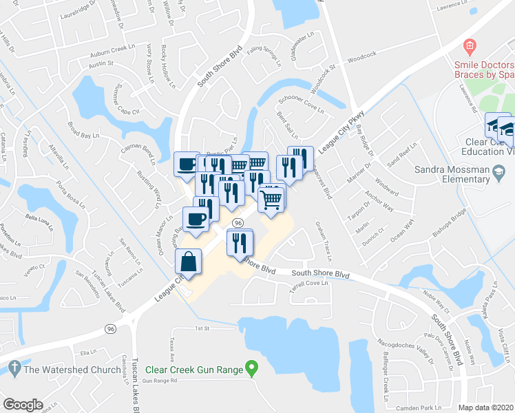 map of restaurants, bars, coffee shops, grocery stores, and more near 2801 East League City Parkway in League City