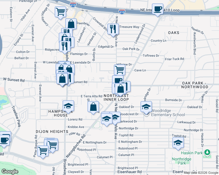map of restaurants, bars, coffee shops, grocery stores, and more near 8033 North New Braunfels Avenue in San Antonio