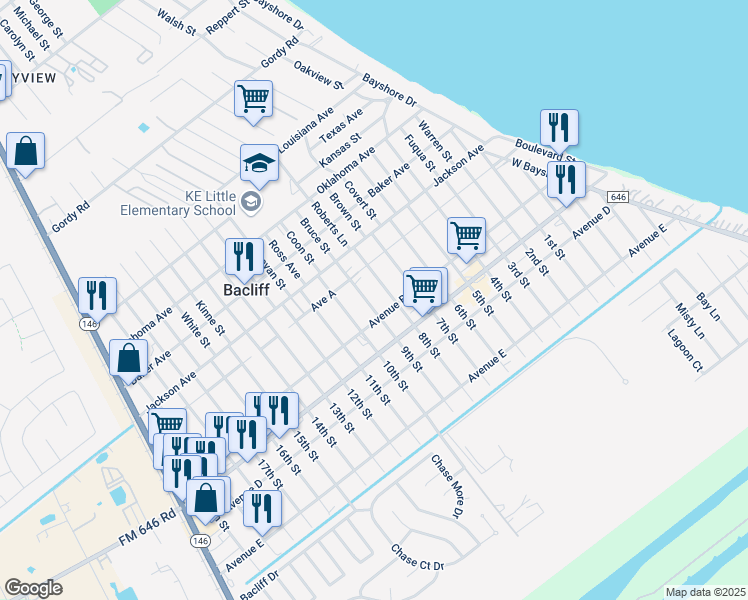 map of restaurants, bars, coffee shops, grocery stores, and more near 4430 9th Street in Bacliff