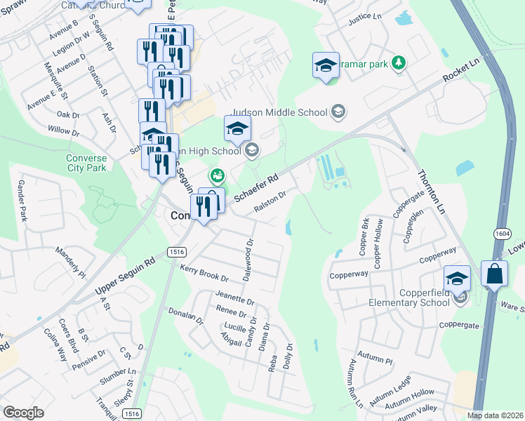 map of restaurants, bars, coffee shops, grocery stores, and more near 216 Ralston Drive in Converse