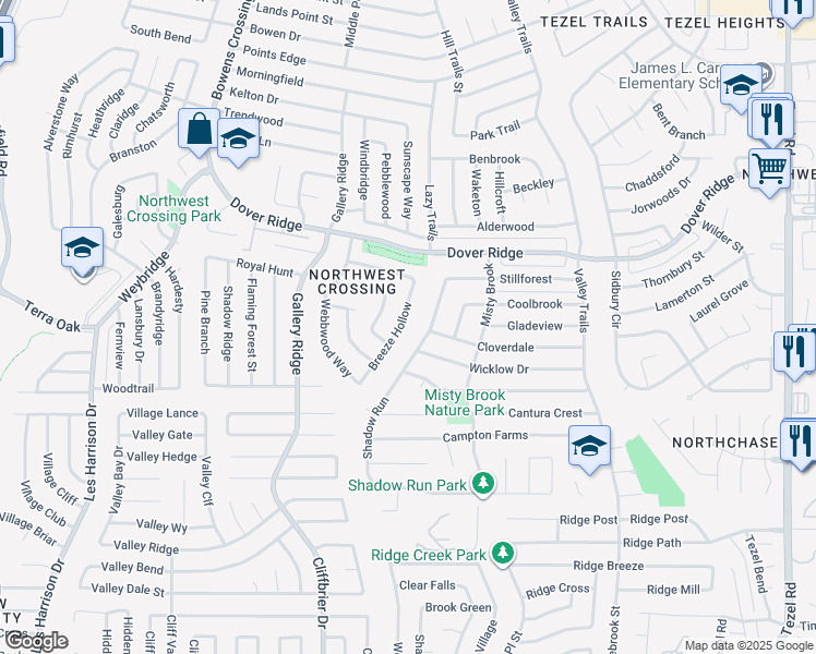 map of restaurants, bars, coffee shops, grocery stores, and more near 7210 Breeze Hollow in San Antonio