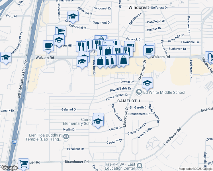 map of restaurants, bars, coffee shops, grocery stores, and more near 5237 Gawain Drive in San Antonio