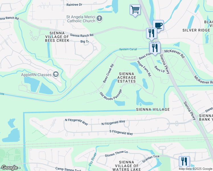 map of restaurants, bars, coffee shops, grocery stores, and more near 46 Bees Creek Road in Missouri City