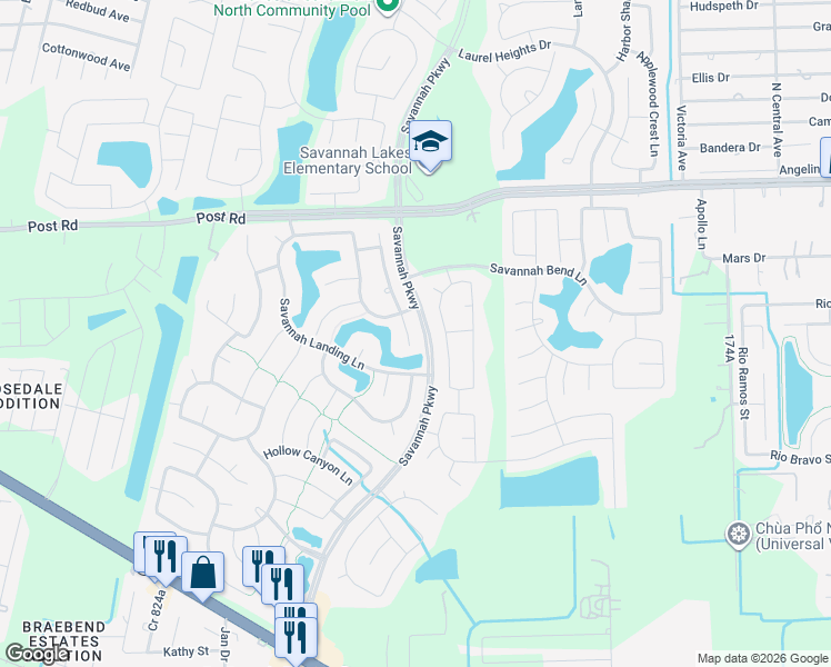 map of restaurants, bars, coffee shops, grocery stores, and more near 5407 Silver Sage Lane in Rosharon