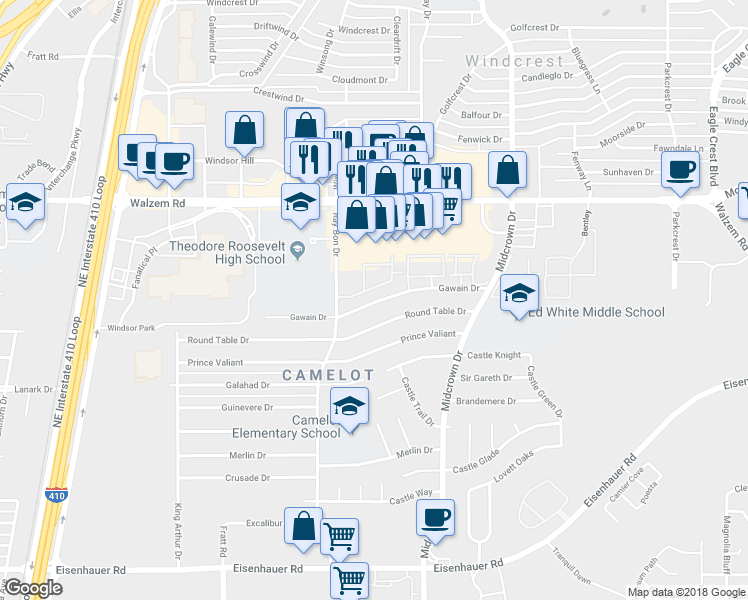 map of restaurants, bars, coffee shops, grocery stores, and more near 5233 Gawain Drive in San Antonio