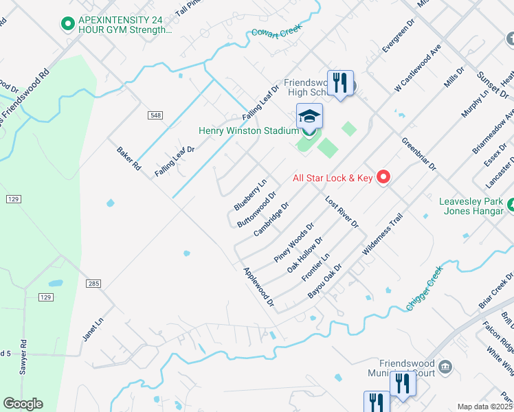 map of restaurants, bars, coffee shops, grocery stores, and more near 1314 Buttonwood Drive in Friendswood