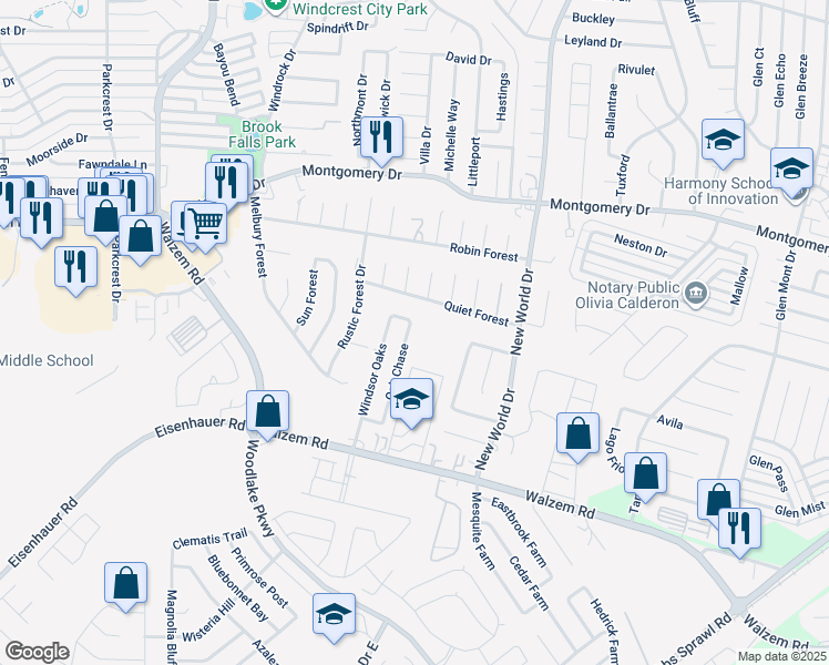 map of restaurants, bars, coffee shops, grocery stores, and more near 7643 Oak Chase in San Antonio