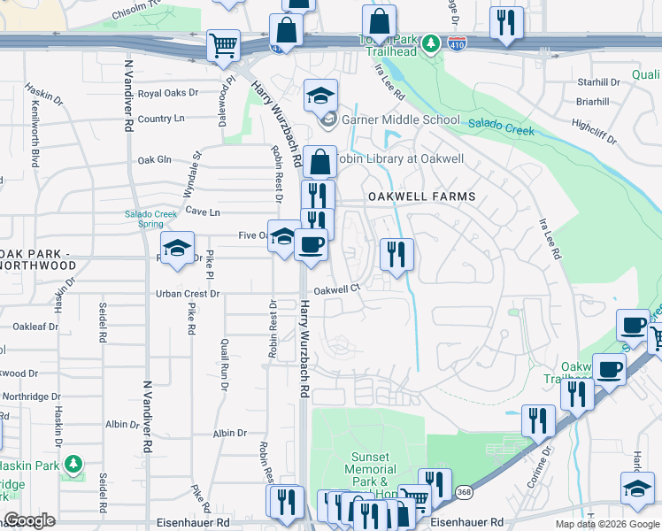 map of restaurants, bars, coffee shops, grocery stores, and more near 20 Lynn Batts Lane in San Antonio