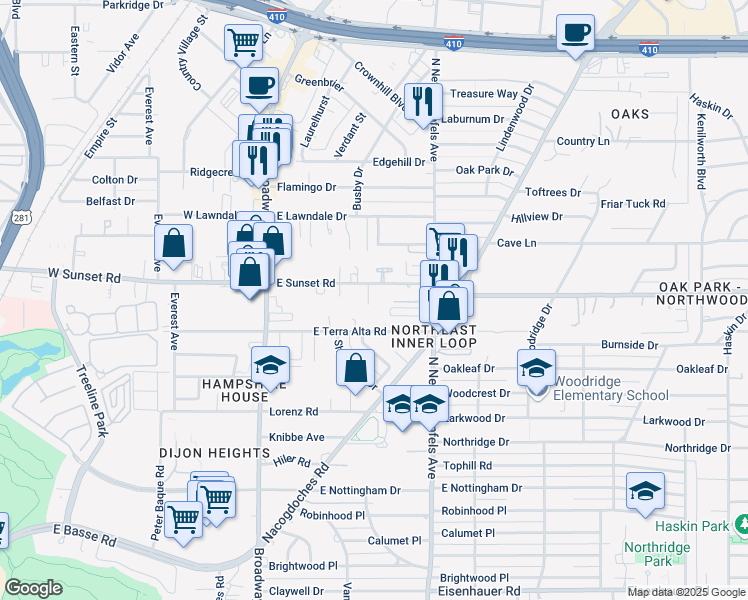map of restaurants, bars, coffee shops, grocery stores, and more near 2 Sunset Court in San Antonio