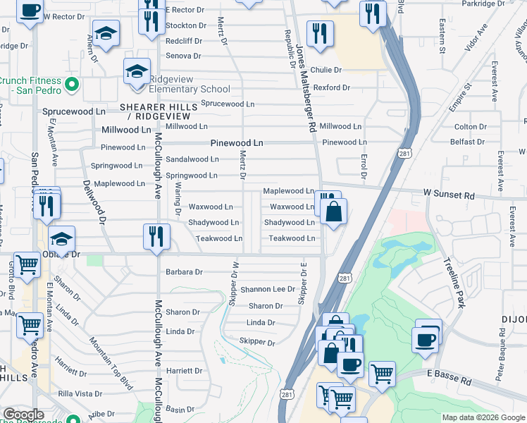 map of restaurants, bars, coffee shops, grocery stores, and more near 302 Waxwood Lane in San Antonio