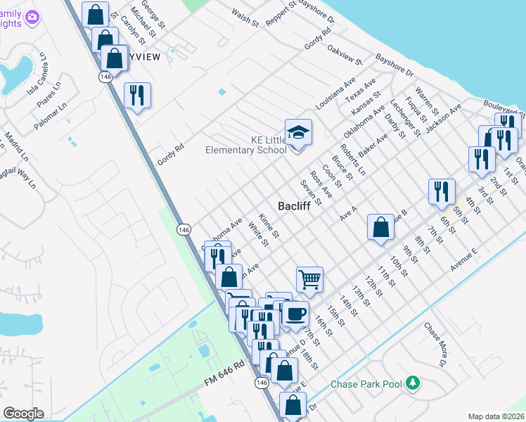 map of restaurants, bars, coffee shops, grocery stores, and more near 927 Oklahoma Avenue in Bacliff