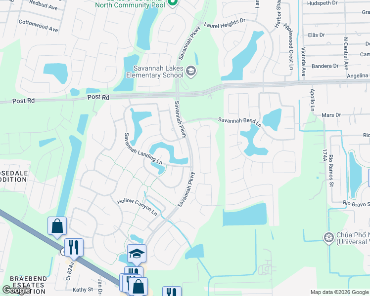 map of restaurants, bars, coffee shops, grocery stores, and more near 5407 Silver Sage Lane in Rosharon