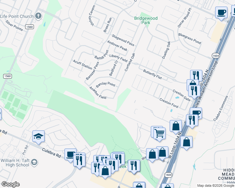 map of restaurants, bars, coffee shops, grocery stores, and more near 11002 Armor Arch in San Antonio