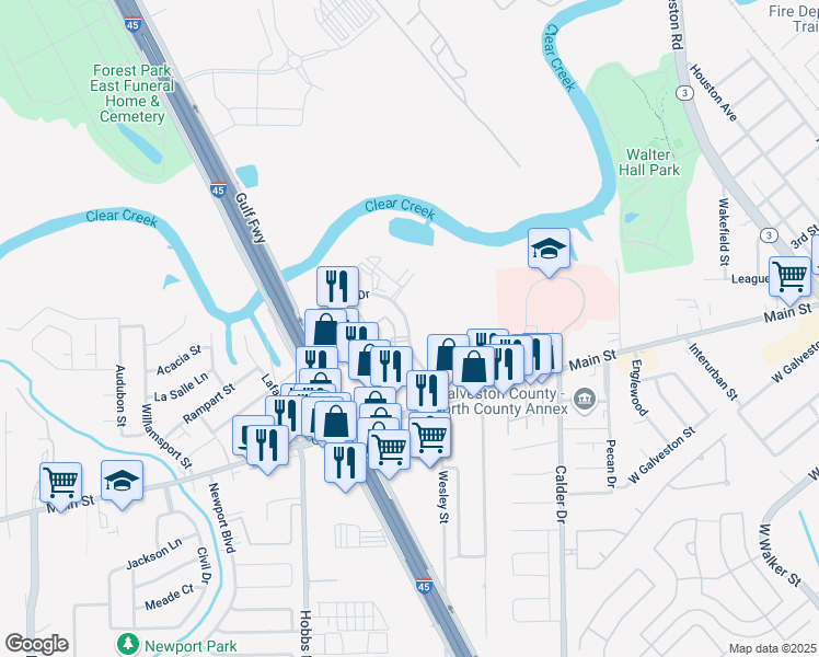 map of restaurants, bars, coffee shops, grocery stores, and more near 312 North Wesley Drive in League City