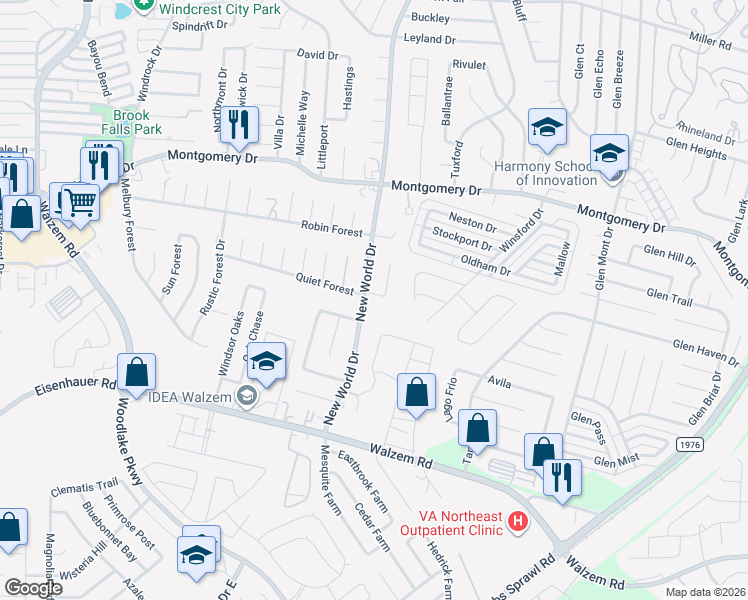map of restaurants, bars, coffee shops, grocery stores, and more near 6526 Quiet Forest in San Antonio