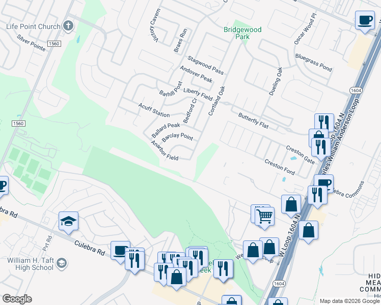 map of restaurants, bars, coffee shops, grocery stores, and more near 11002 Armor Arch in San Antonio