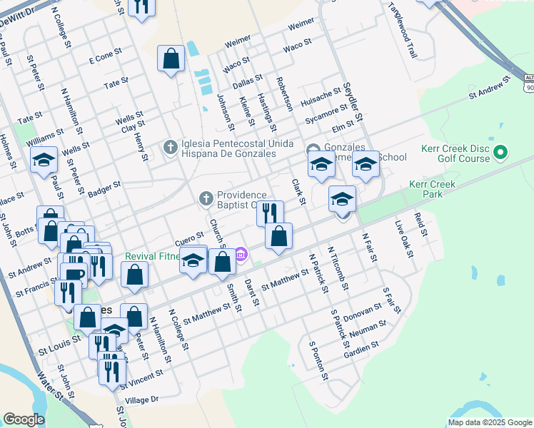 map of restaurants, bars, coffee shops, grocery stores, and more near 1315 Fischer Street in Gonzales