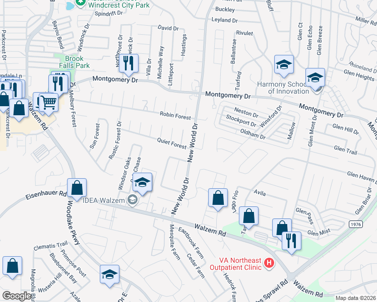 map of restaurants, bars, coffee shops, grocery stores, and more near 6526 Quiet Forest in San Antonio