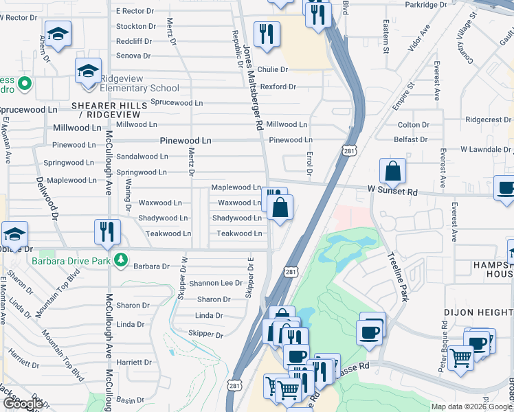 map of restaurants, bars, coffee shops, grocery stores, and more near 350 Waxwood Lane in San Antonio