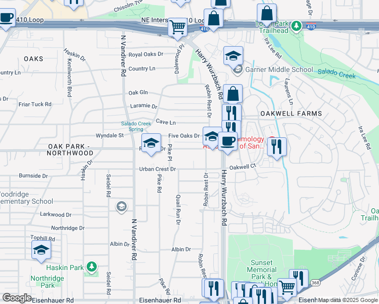map of restaurants, bars, coffee shops, grocery stores, and more near 622 Rockhill Drive in San Antonio