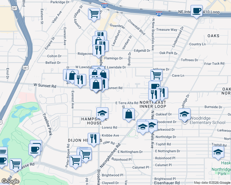 map of restaurants, bars, coffee shops, grocery stores, and more near 206 East Sunset Road in San Antonio