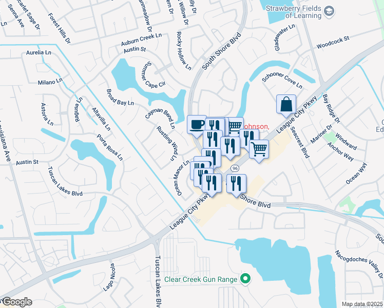 map of restaurants, bars, coffee shops, grocery stores, and more near 1274 Ocean Manor Lane in League City