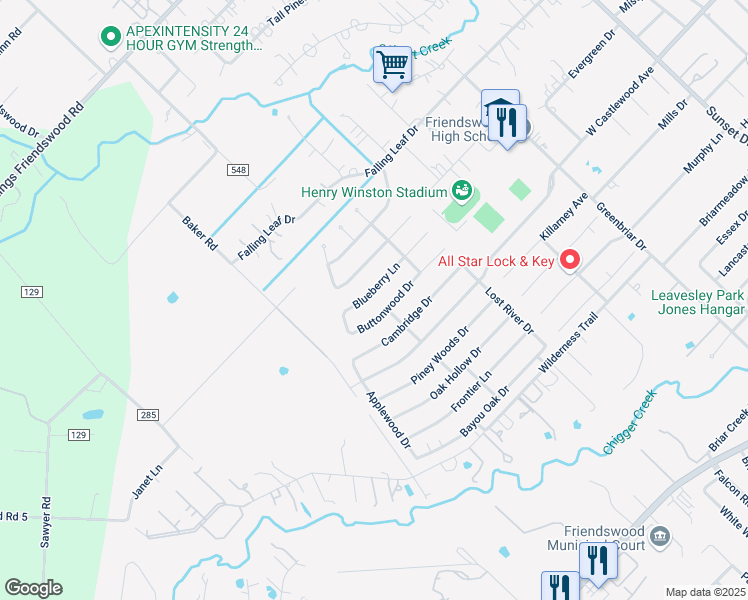 map of restaurants, bars, coffee shops, grocery stores, and more near 1314 Buttonwood Drive in Friendswood