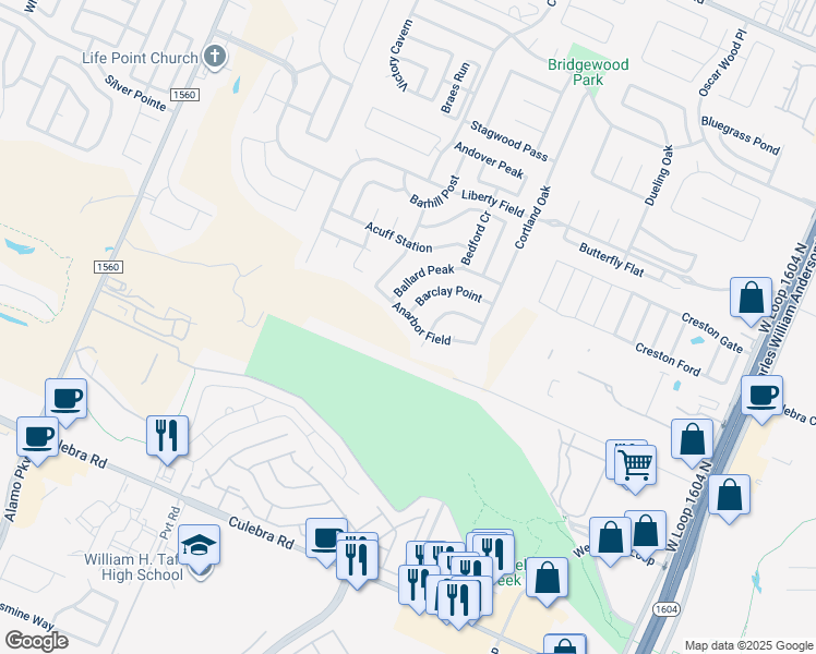 map of restaurants, bars, coffee shops, grocery stores, and more near 11111 Anarbor Field in San Antonio