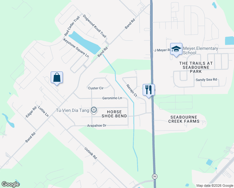 map of restaurants, bars, coffee shops, grocery stores, and more near 5319 Custer Circle in Rosenberg
