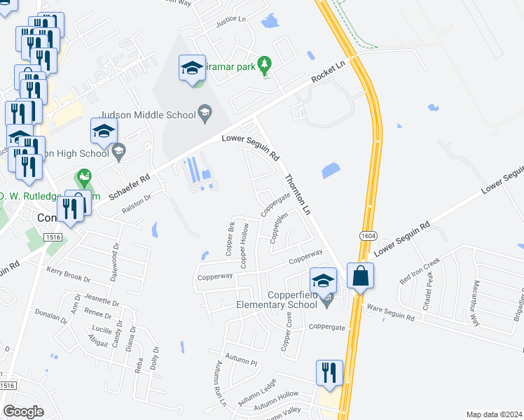 map of restaurants, bars, coffee shops, grocery stores, and more near 9707 Copper Spring in Converse