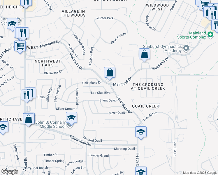 map of restaurants, bars, coffee shops, grocery stores, and more near 7212 Gaslamp Lane in San Antonio