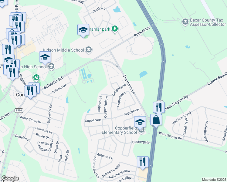 map of restaurants, bars, coffee shops, grocery stores, and more near 9707 Copper Spring in Converse
