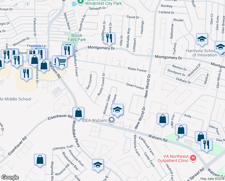 map of restaurants, bars, coffee shops, grocery stores, and more near 7643 Oak Chase in San Antonio
