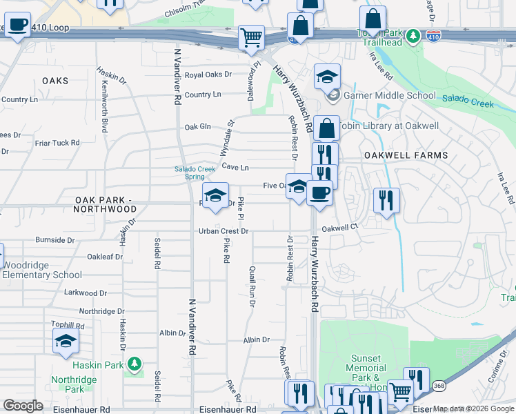 map of restaurants, bars, coffee shops, grocery stores, and more near 622 Rockhill Drive in San Antonio