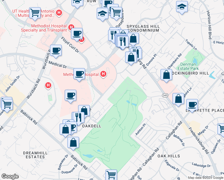 map of restaurants, bars, coffee shops, grocery stores, and more near 7540 Louis Pasteur Drive in San Antonio