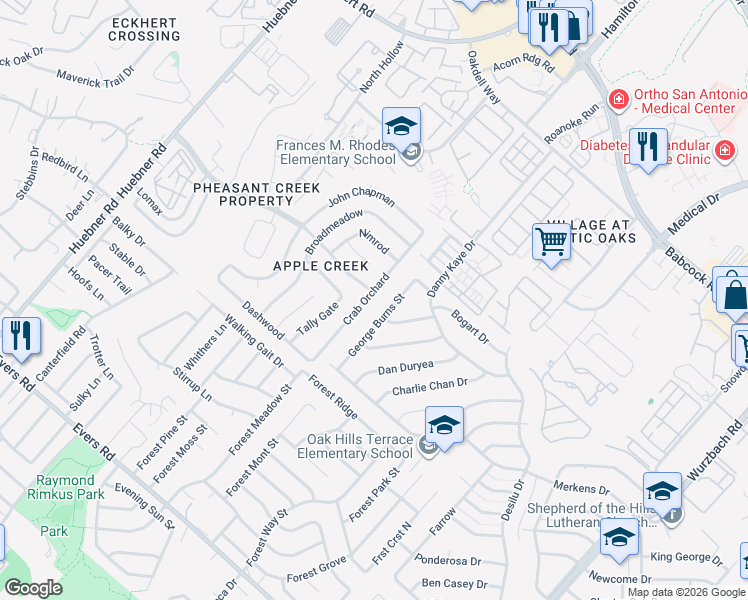 map of restaurants, bars, coffee shops, grocery stores, and more near 6114 Crab Orchard in San Antonio
